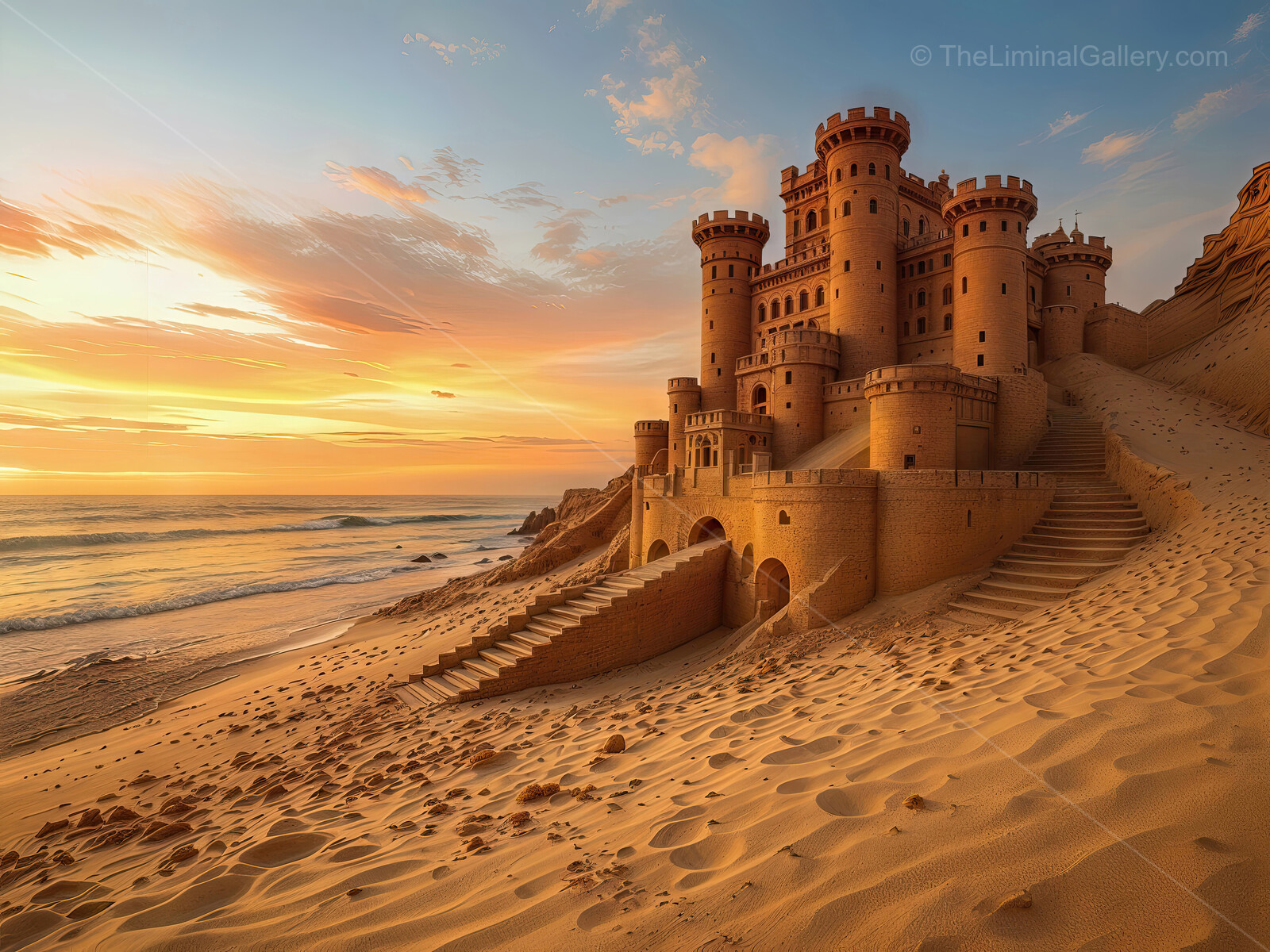 Majestic sandcastle overlooking waves at sunset in a serene beach setting