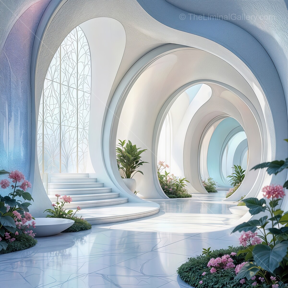 Serene corridors of a futuristic sanctuary adorned with delicate blooms and soft light