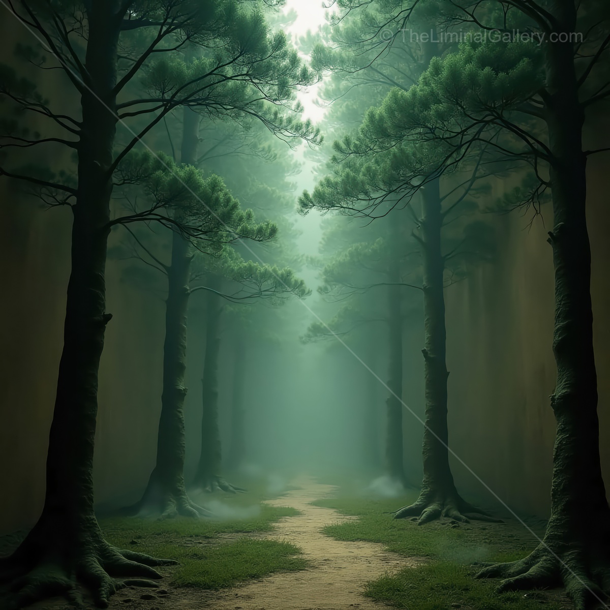 Mysterious forest path shrouded in mist beckons adventurers with its serene beauty and enchanting atmosphere