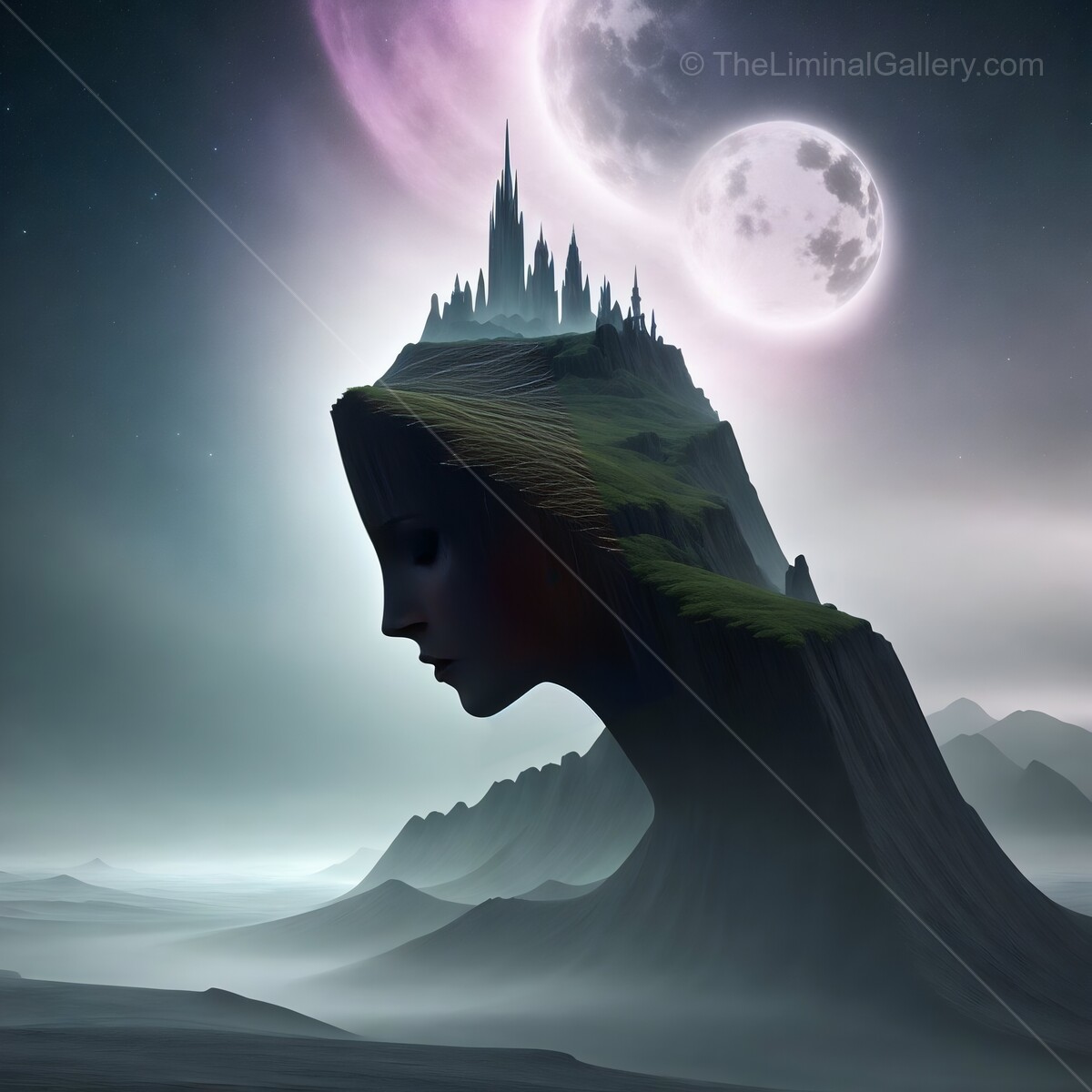 Dreamlike landscape with a woman's silhouette and a mystical castle atop a mountain during twilight