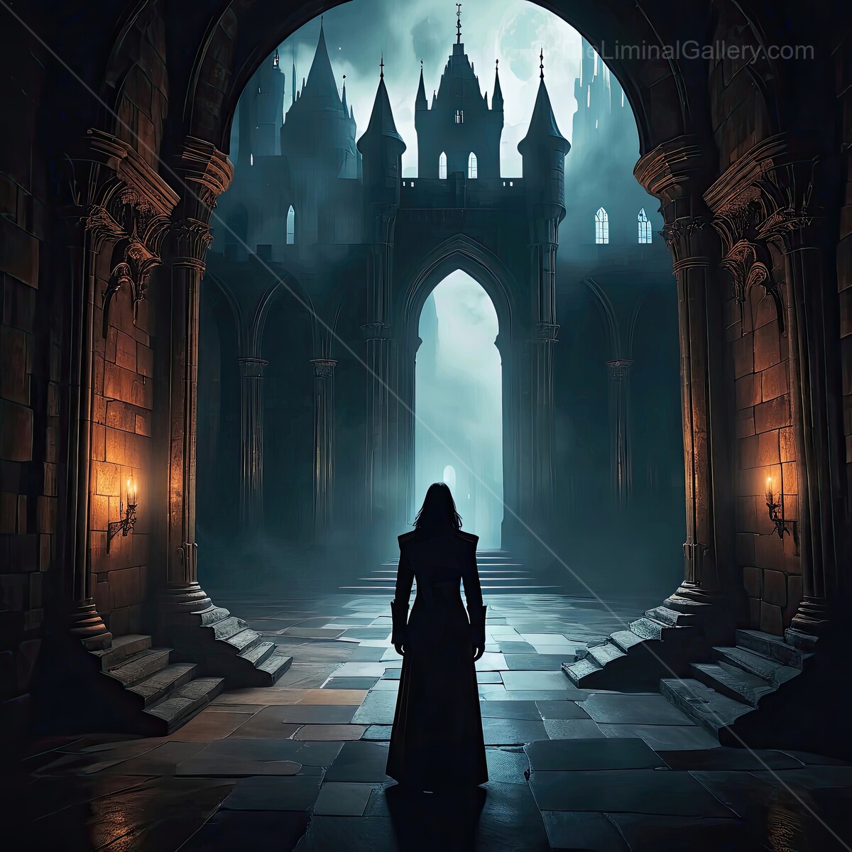 Dark vampire in an ancient castle doorway leads to a mystical realm at dusk