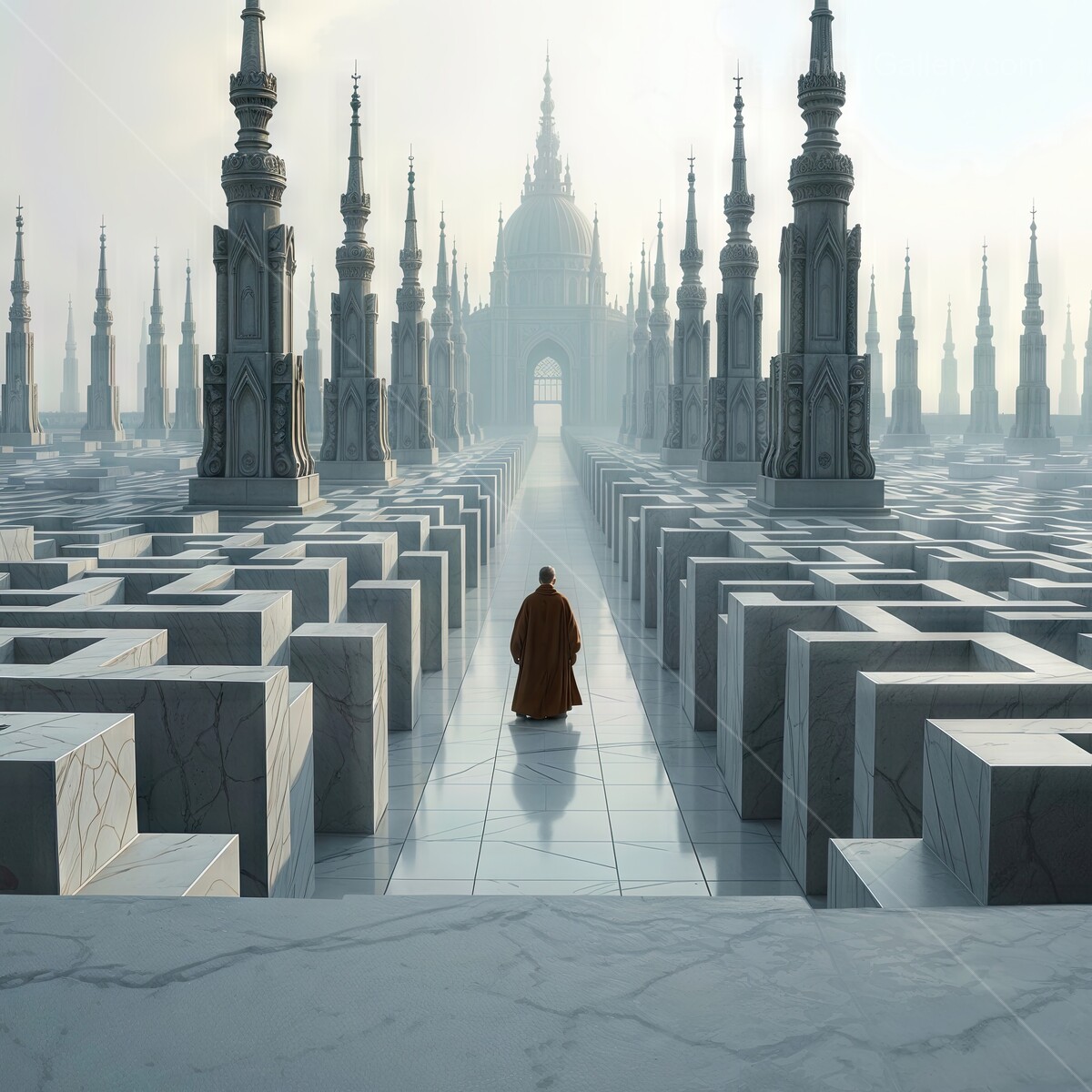 A solitary monk walks through a mystical labyrinth of marble structures at dawn