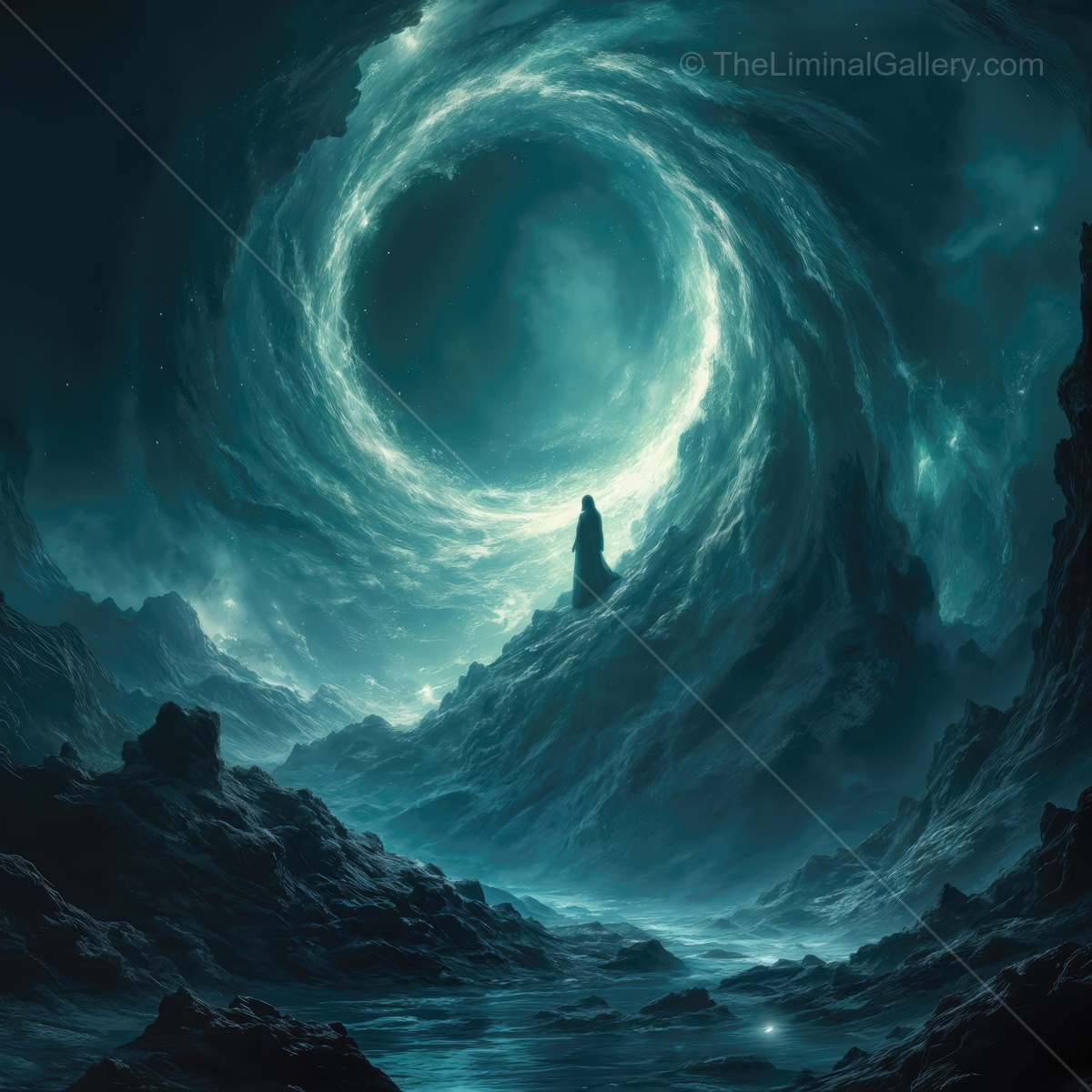 Majestic spiral of light in a mystical mountain landscape at twilight