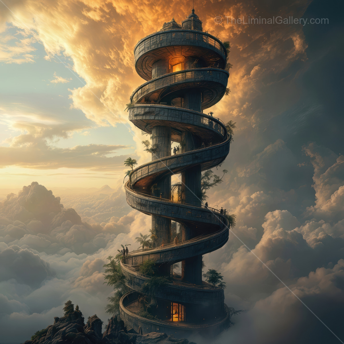 Spiral tower rising through the clouds at sunset showcases nature and architecture in harmony amidst a captivating sky