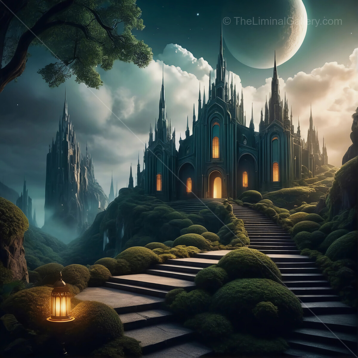 Starlit castle rising above a mystical landscape under a glowing moon