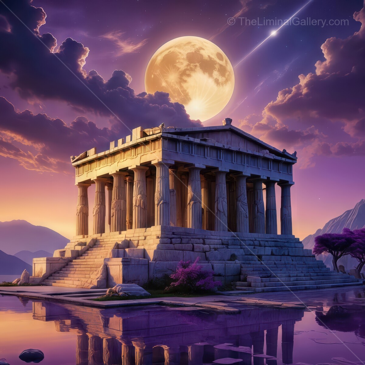 Stunning Greek temple illuminated under a full moon and twilight sky in an ancient landscape