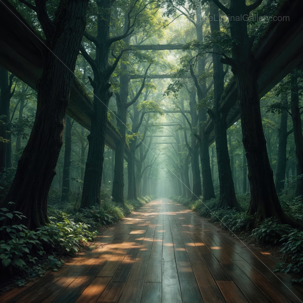 Enchanting forest pathway illuminated by beams of sunlight on a tranquil morning