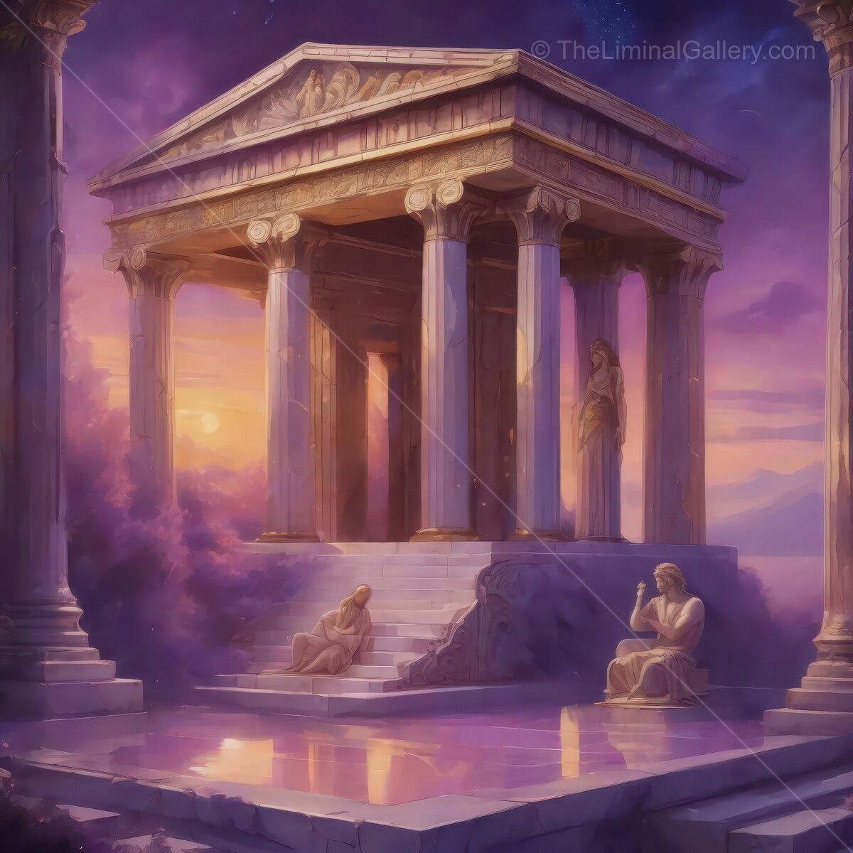 Sunset over an ancient Greek temple with statues and mystical lighting in a tranquil setting