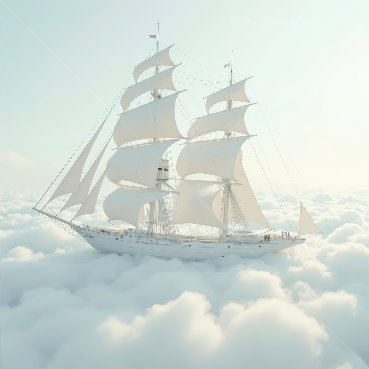 Majestic tall ship sails gracefully among cotton candy clouds as sunlight illuminates the sails, creating an ethereal atmosphere inviting exploration and wonder