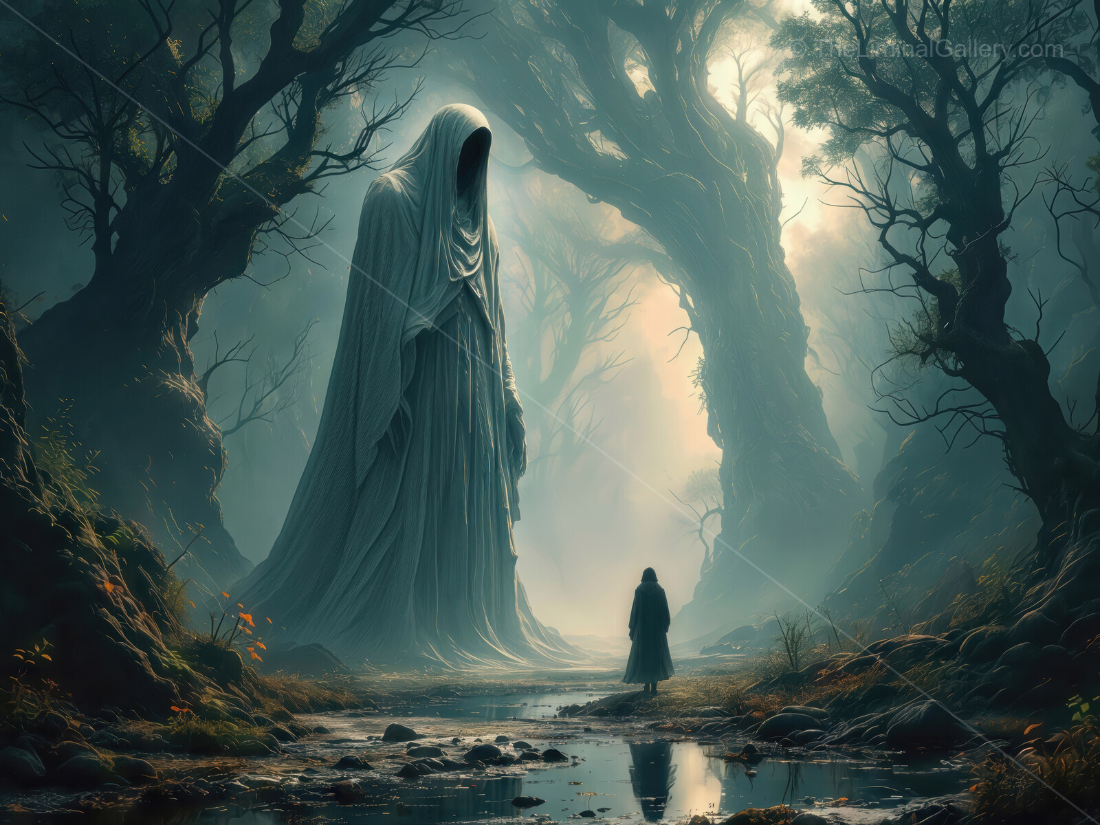 Mystical encounter in an enchanted forest beneath a silent, towering figure at dusk