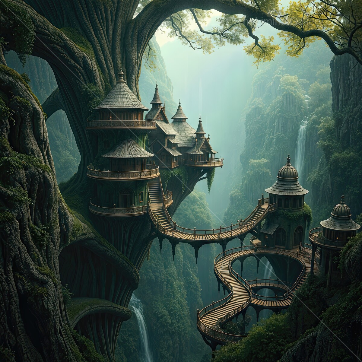 Enchanting tree-top elven village nestled in a mystical forest filled with waterfalls and vibrant greenery