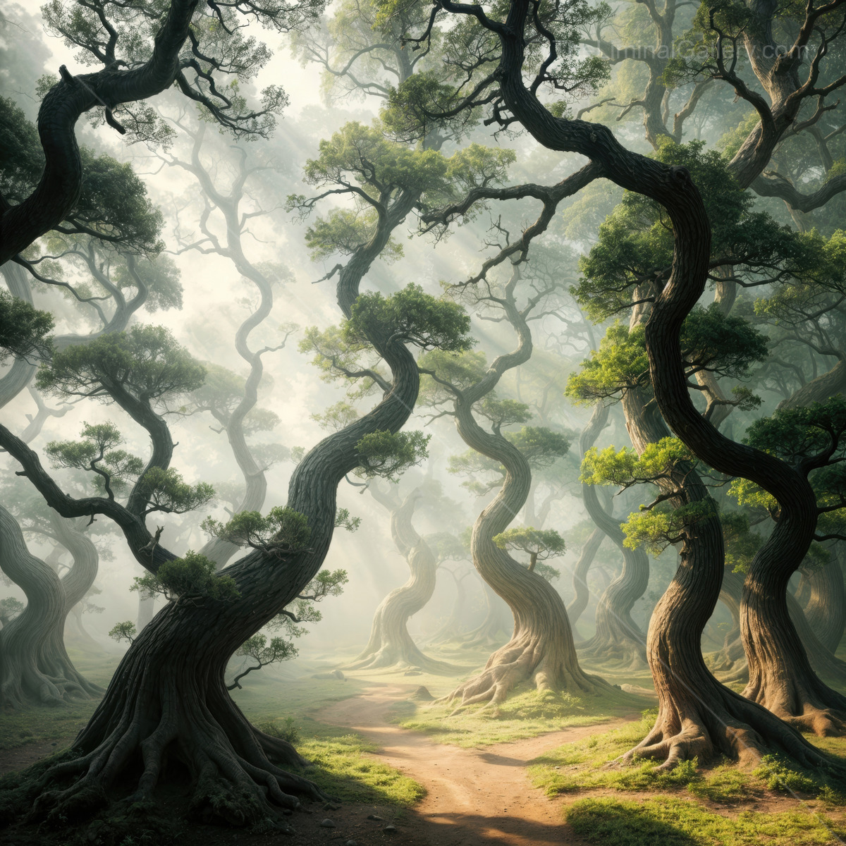 Twisted trees create a magical pathway in a misty forest at dawn