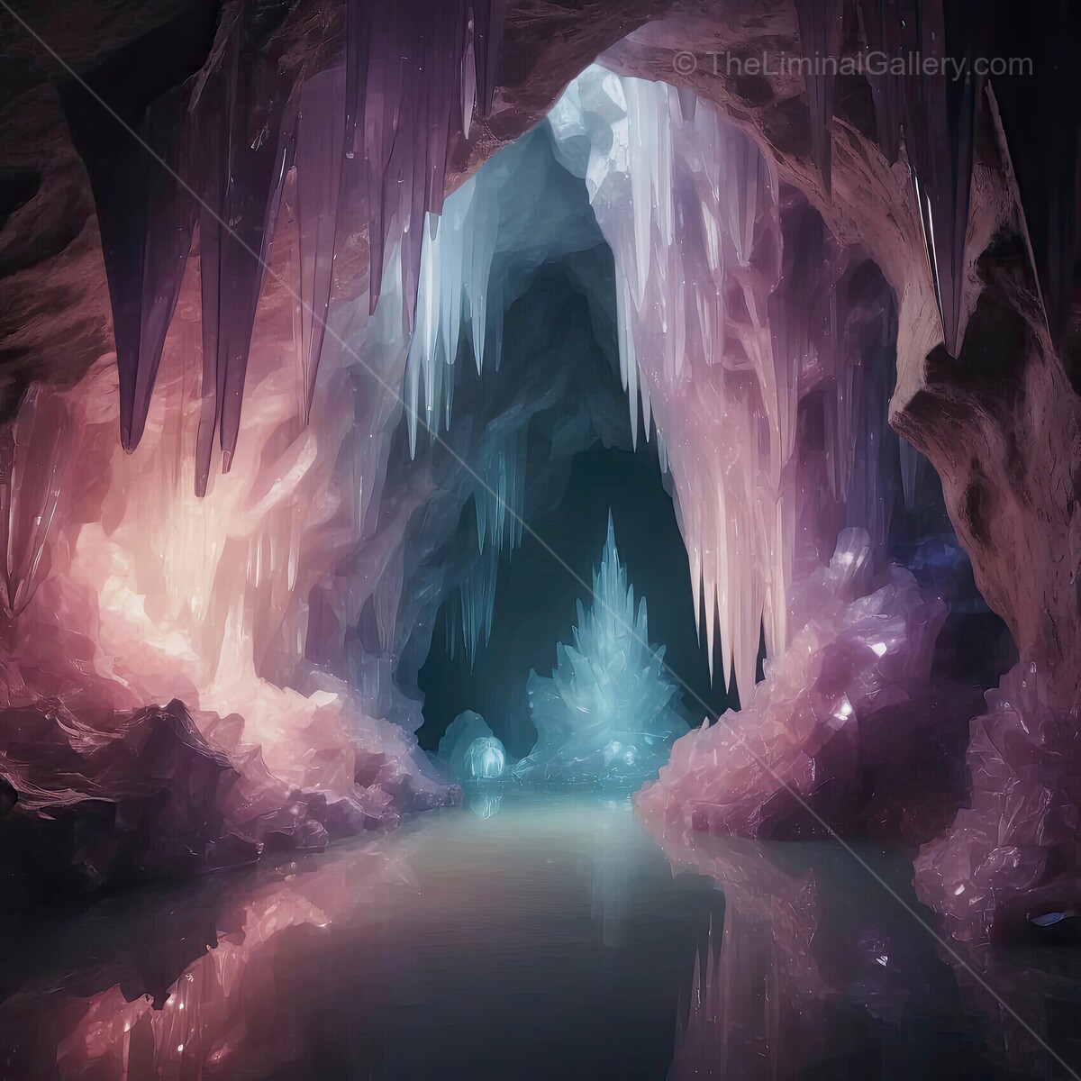 Mystical underground cave illuminated by shimmering crystals and tranquil waters