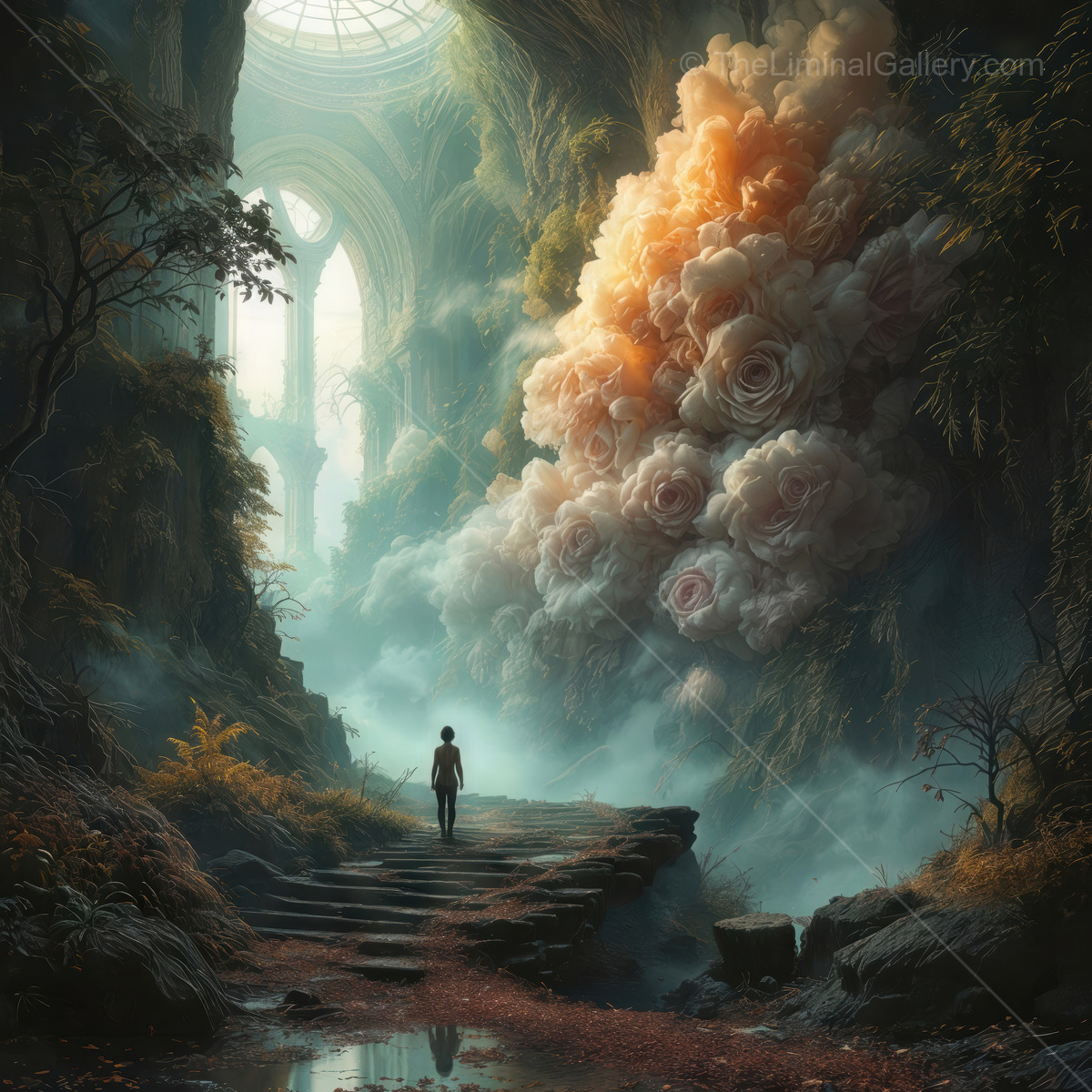 Mysterious figure explores a surreal valley with vibrant clouds of roses at dawn
