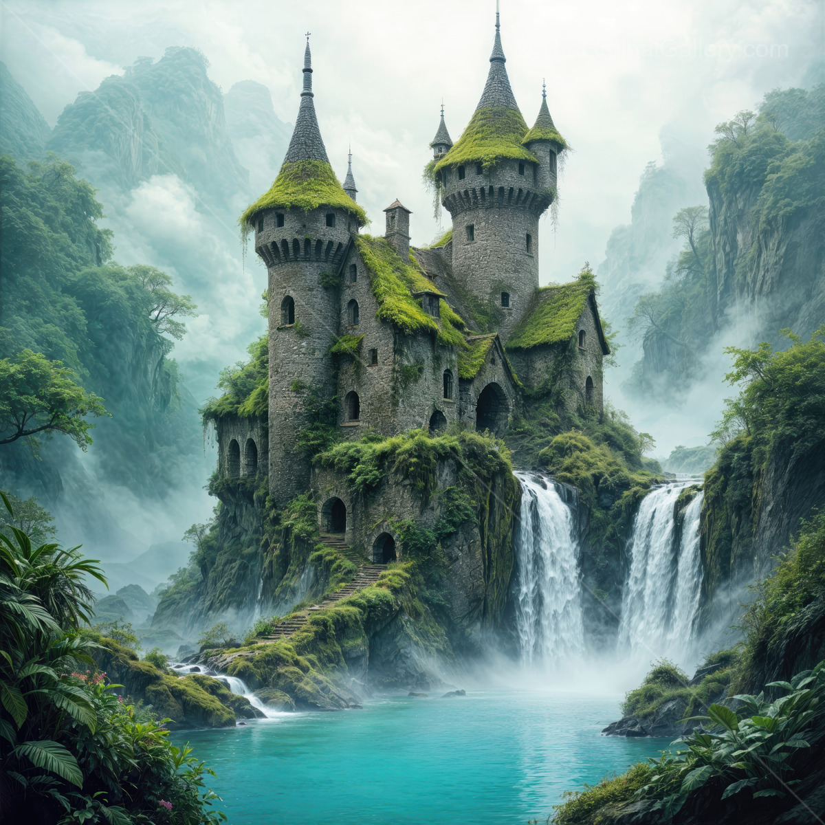 Enchanted castle surrounded by waterfalls and lush greenery in a mystical landscape