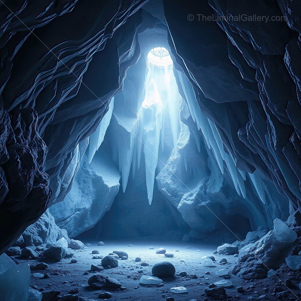 Majestic crystal cave illuminated by sunlight through a frosty opening during a serene winter day