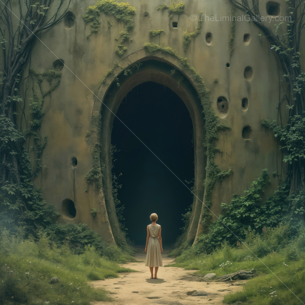 Woman standing at the entrance of a mysterious, ancient doorway surrounded by lush greenery in a fantasy world