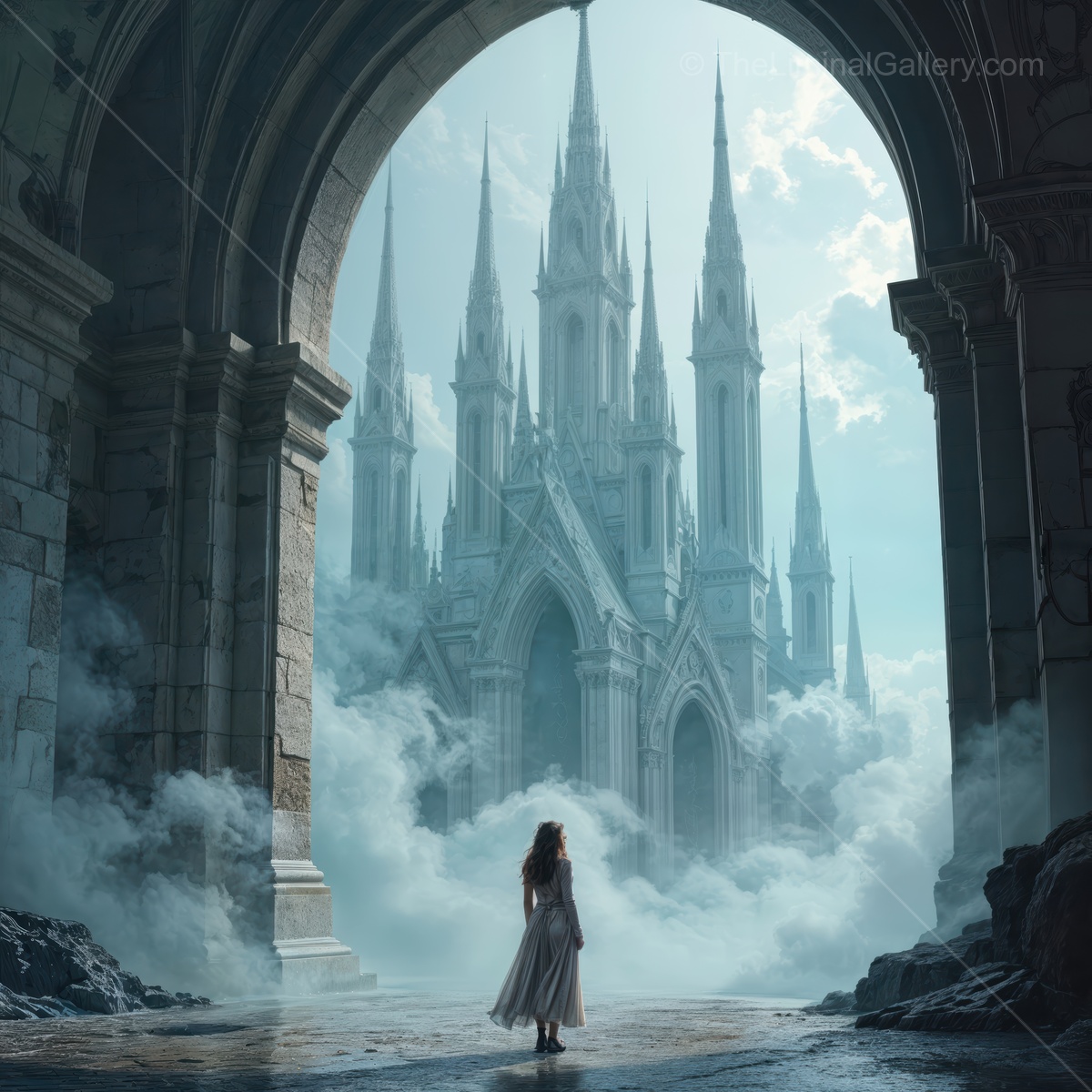 Woman in a dreamlike landscape gazing at a magnificent castle shrouded in mist and mystery