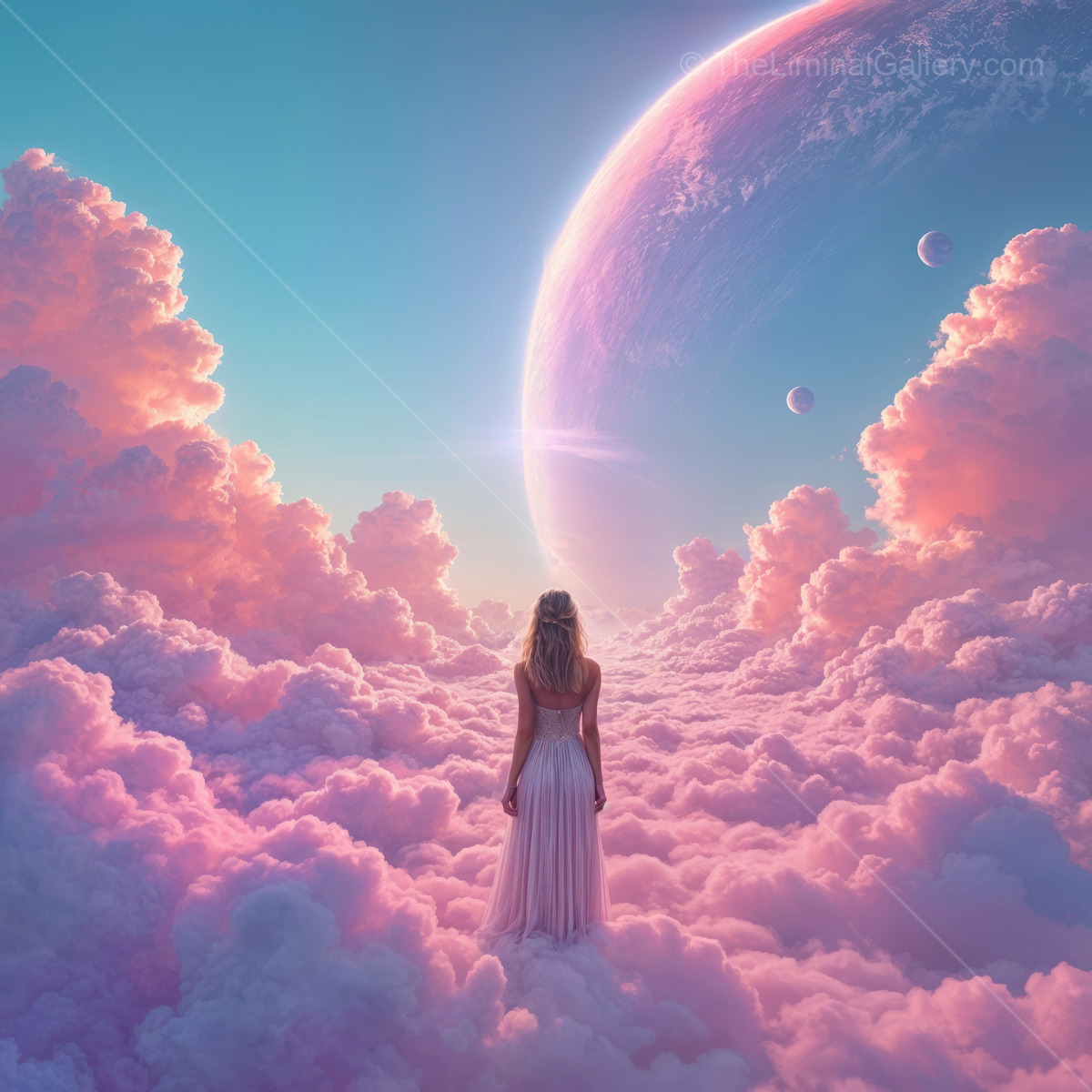 A woman explores a vibrant liminal realm among floating clouds and celestial wonders