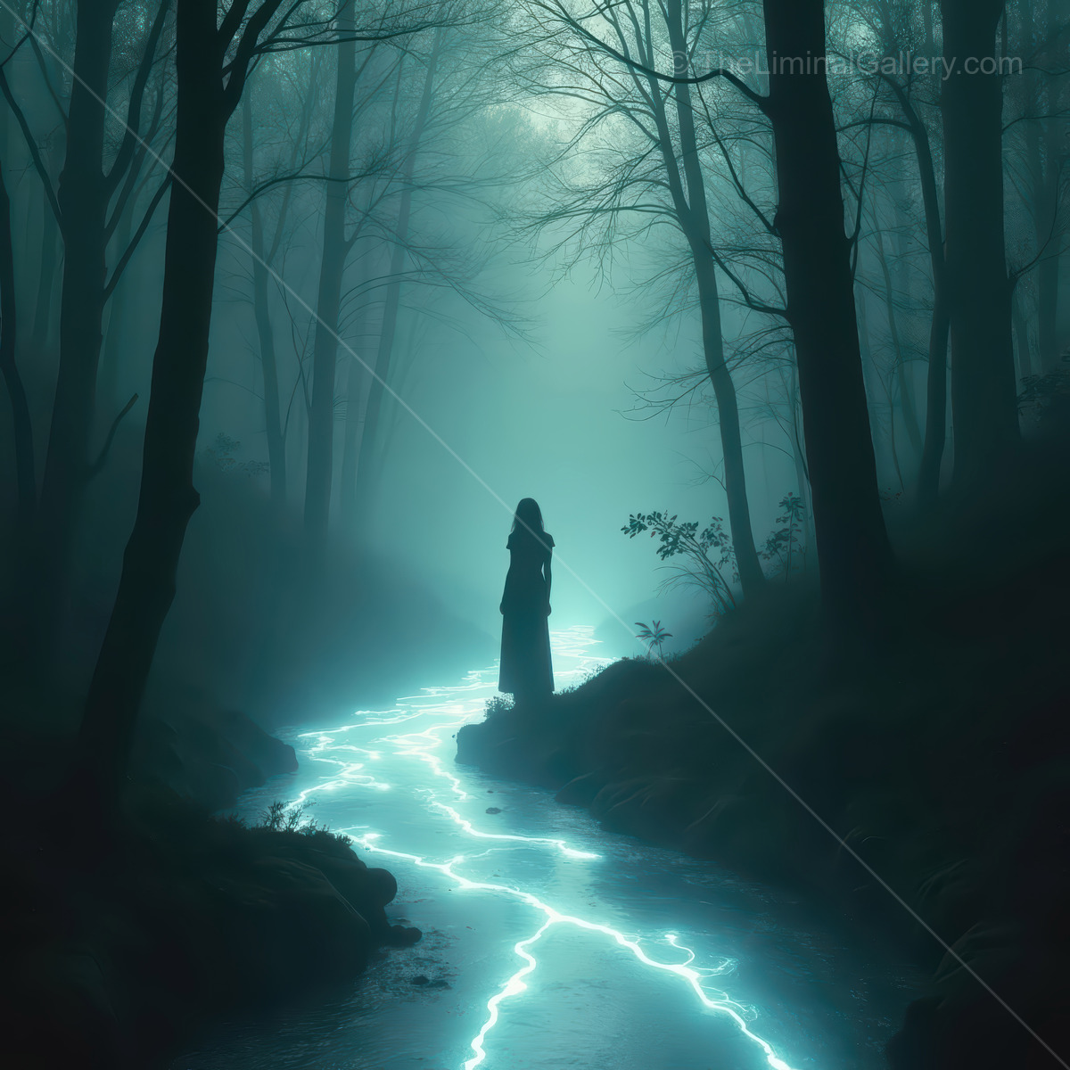 Haunting woman in a foggy forest illuminated by luminous water at twilight creating a dreamlike atmosphere