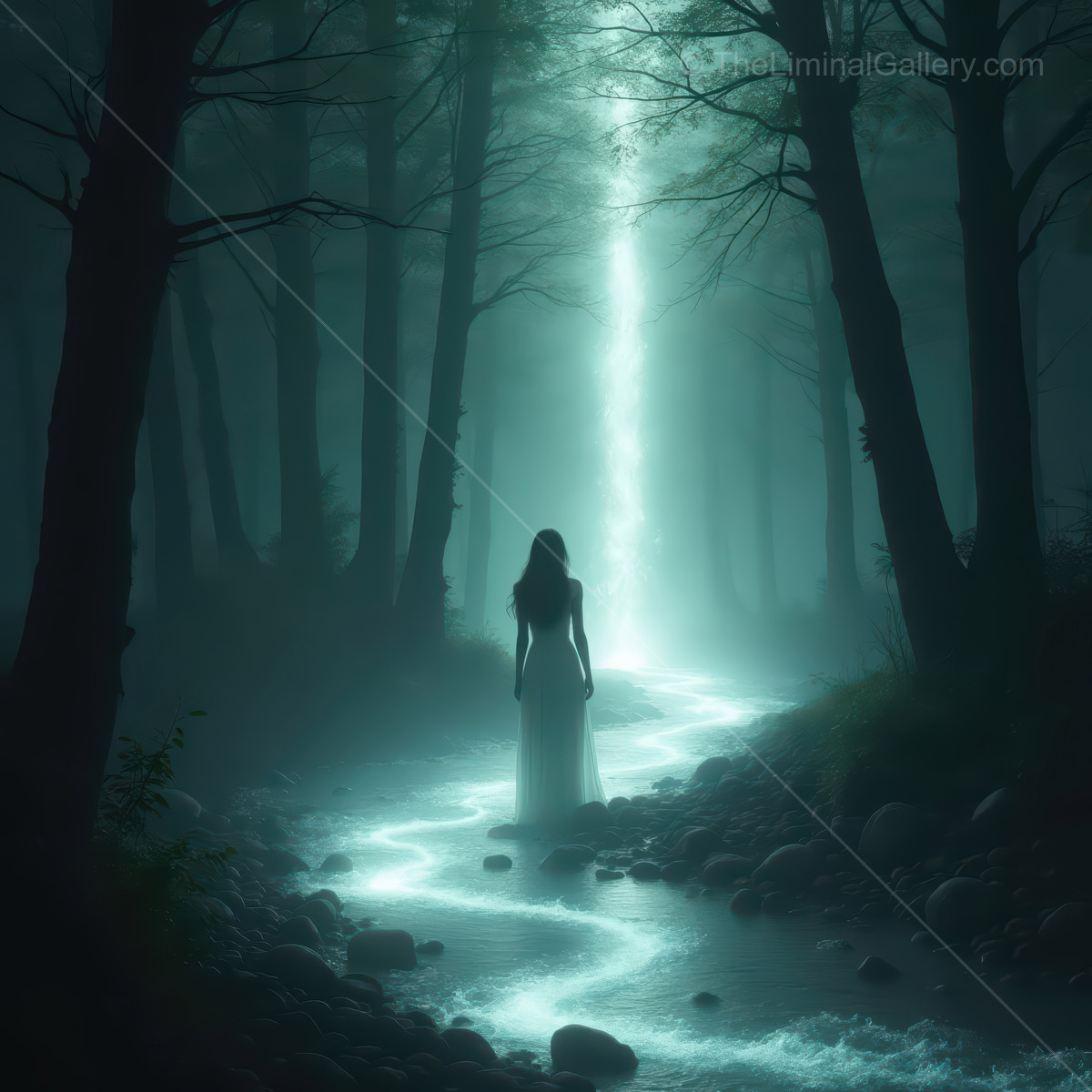 Mysterious woman in a mystical forest, following a glowing stream under the moonlight and exploring the boundaries of reality and dreams