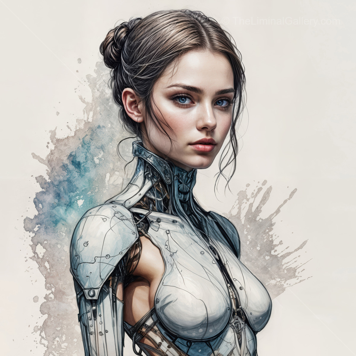 Futuristic robot woman stands gracefully, blending beauty and technology in a stunning sci-fi scene