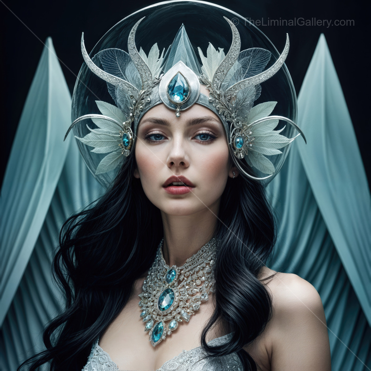 Elegant model showcases stunning avant-garde fashion in a mysterious setting during an artistic photoshoot