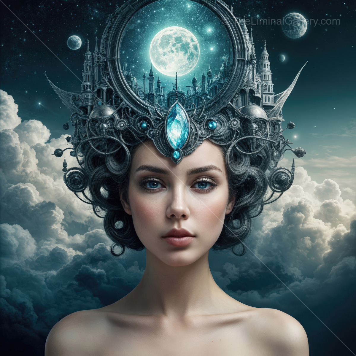 Mystical queen with a celestial crown surrounded by cosmic elements at twilight