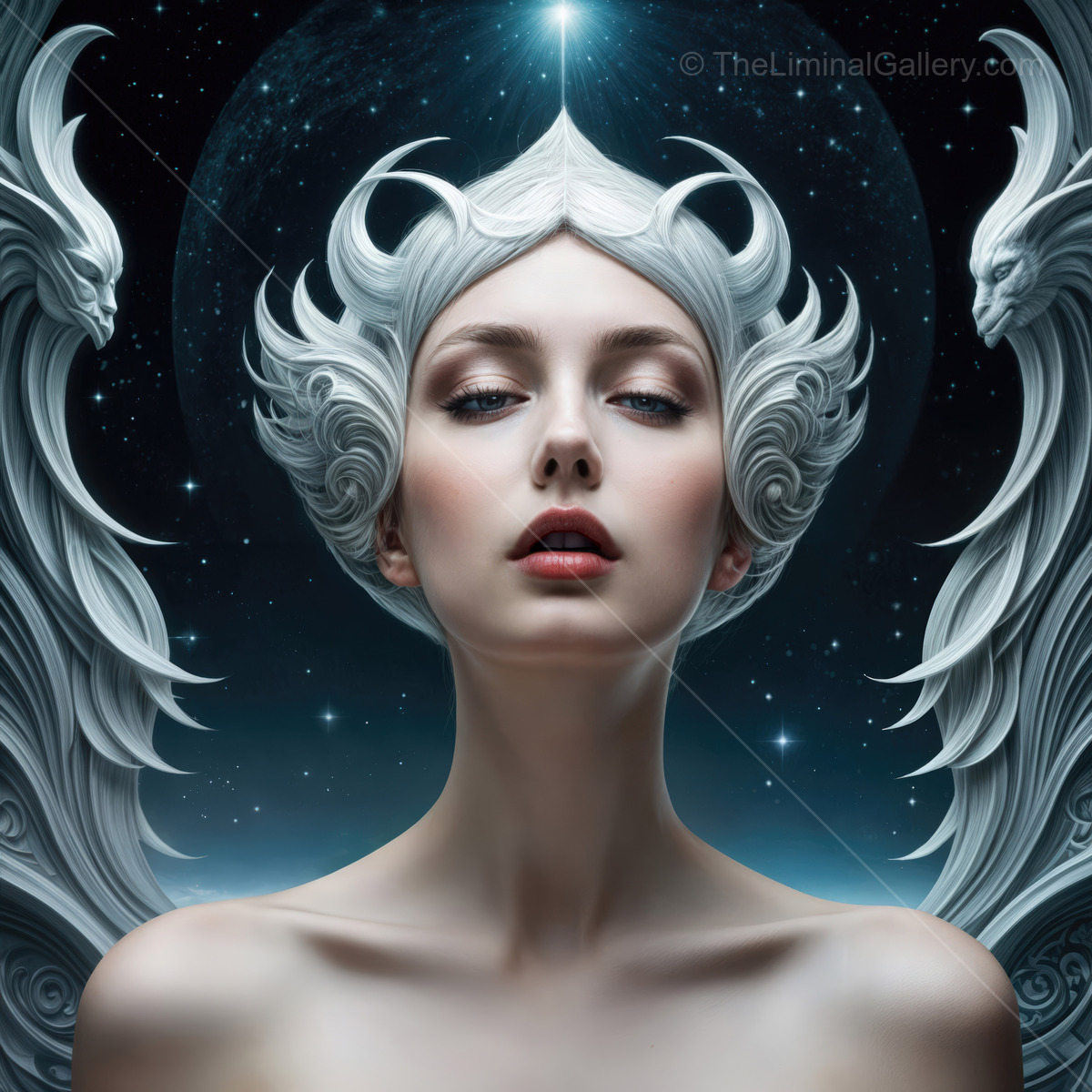 Celestial queen adorned with ethereal crown under starry night sky