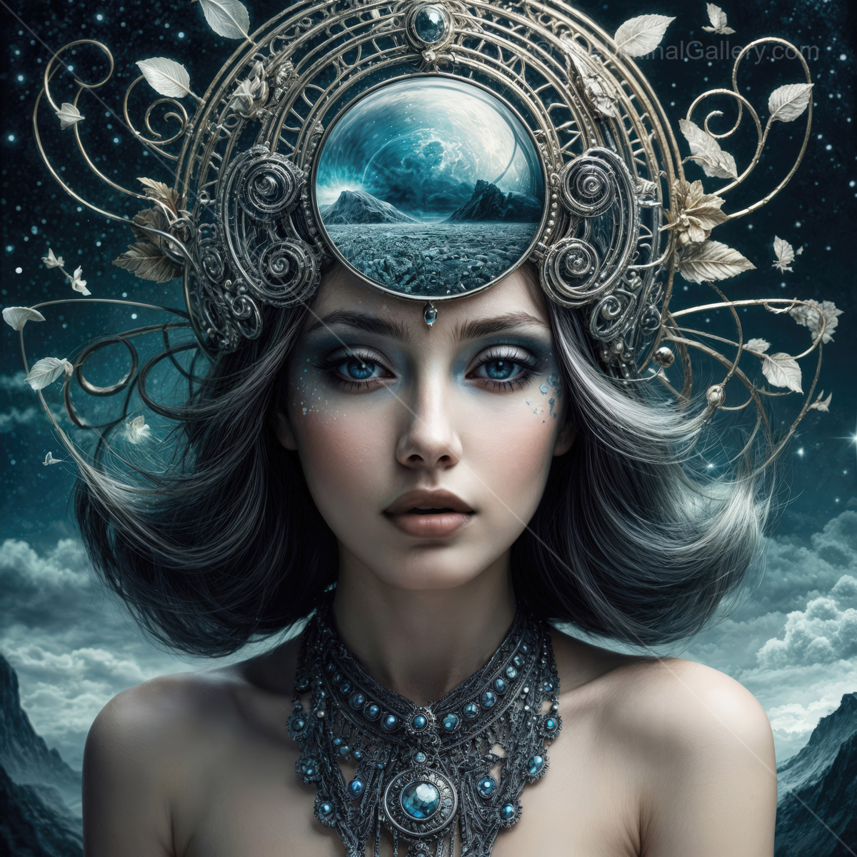 Enchanting celestial woman adorned with mystical elements in a surreal landscape at dusk