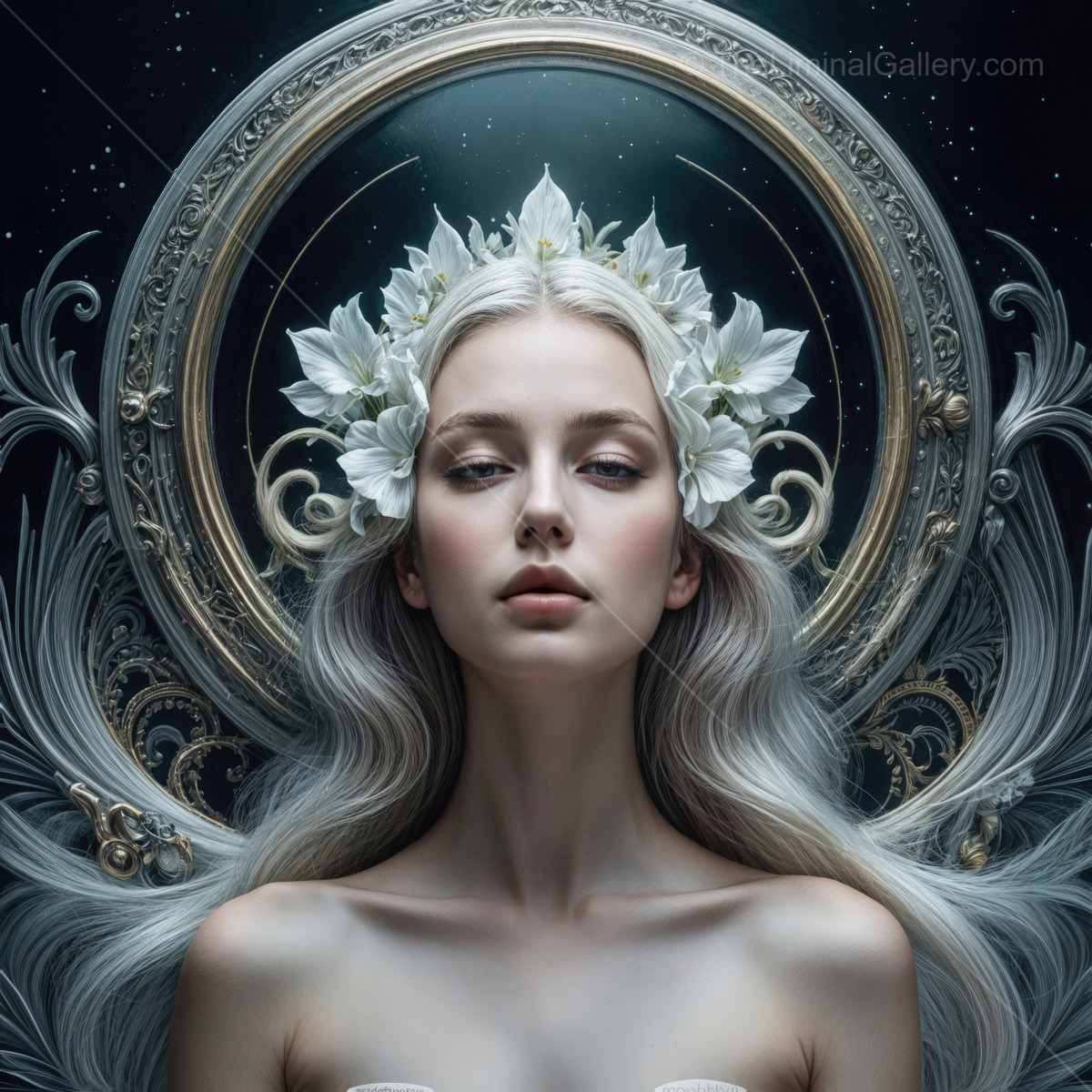 Enchanting ethereal beauty illuminated by celestial light in a dreamlike setting