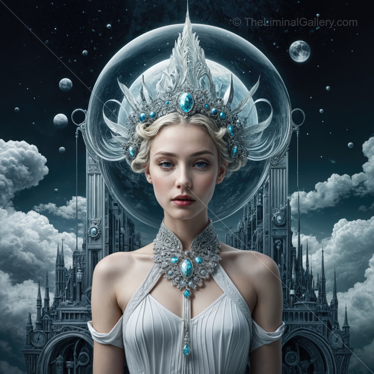 Majestic queen in a celestial realm surrounded by ethereal clouds and shimmering jewels at twilight