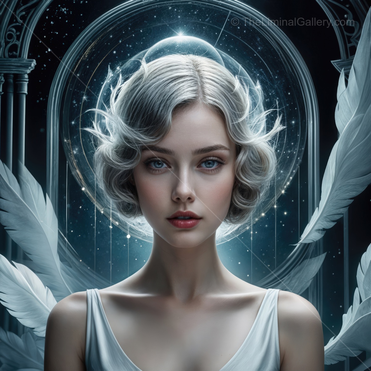 Ethereal beauty in a celestial setting with soft feathers and glowing light