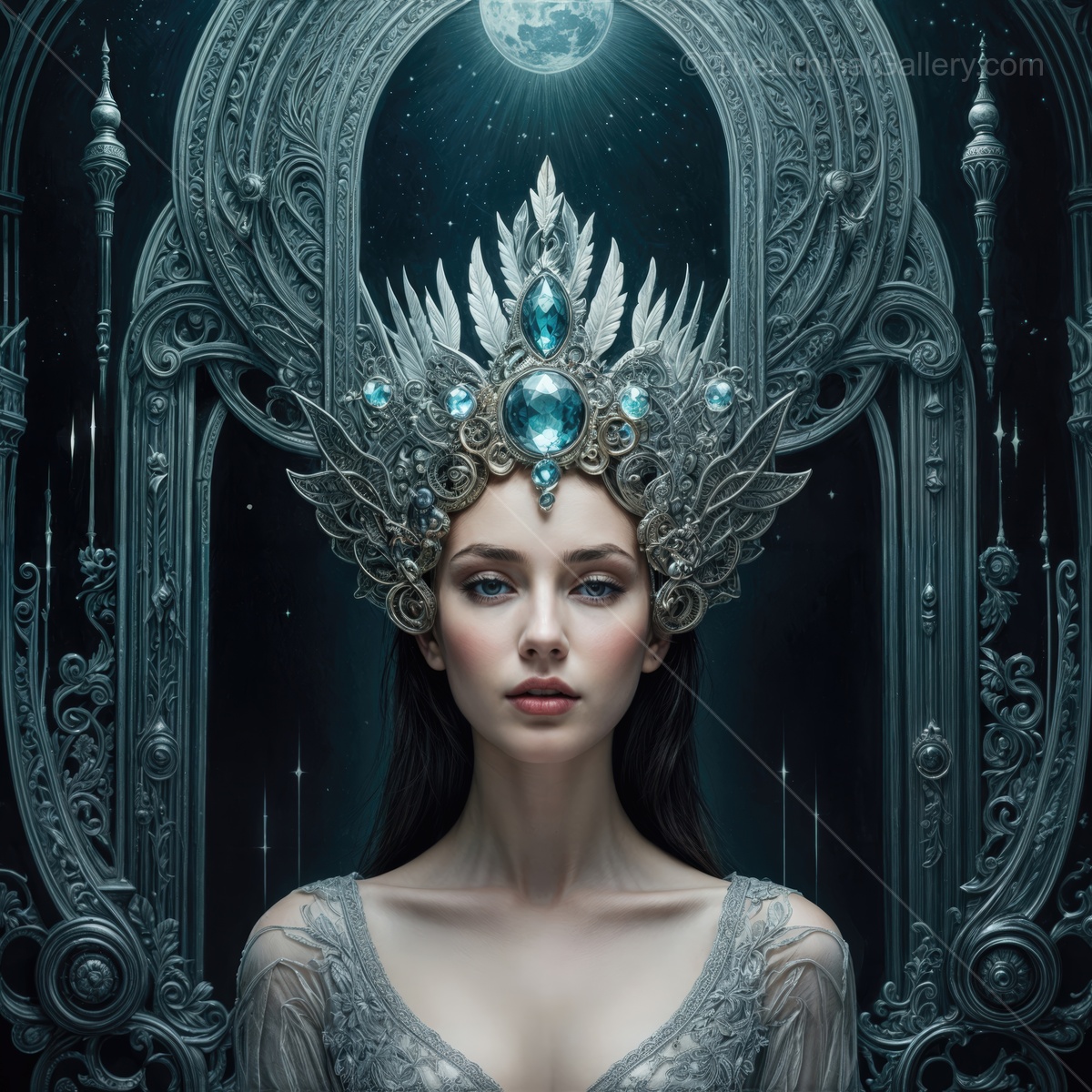 Majestic sorceress adorned in crystal crown under a glowing full moon