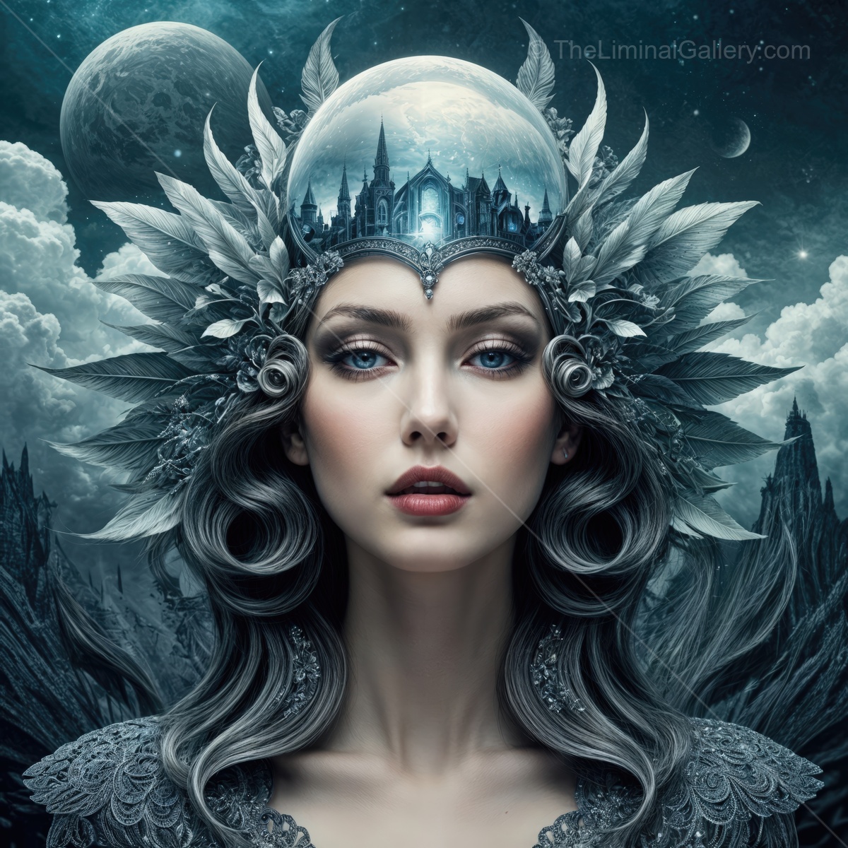 Enchanting queen wears a crown of crystals depicting a mystical castle under a moonlit sky filled with planets