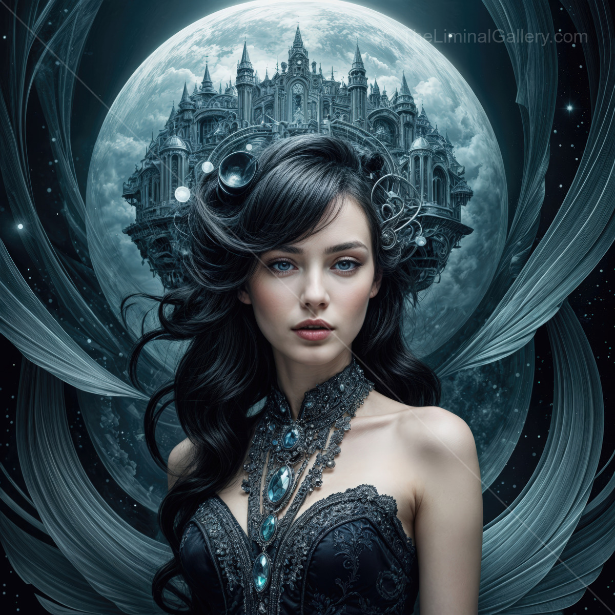 Elegant dark fantasy sorceress in a mystical landscape with a floating castle under a full moon