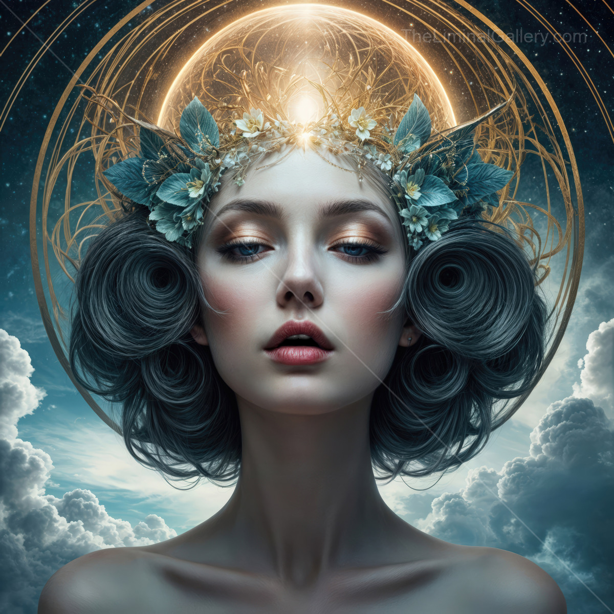 Celestial beauty crowned with ethereal light amidst divine clouds in enchanting night