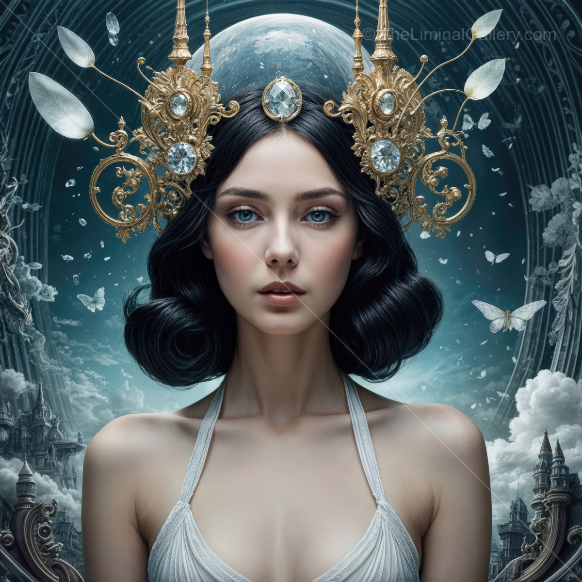 Enchanting beauty adorned with ethereal elements in a dreamlike fantasy setting