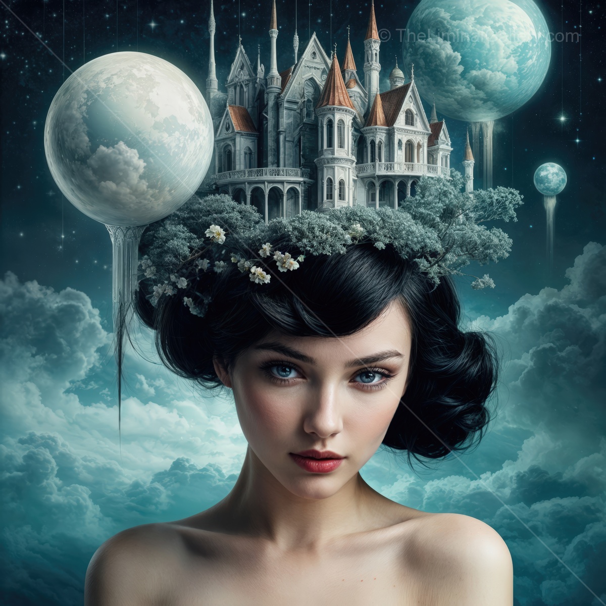Dreamlike landscape above a serene woman with a castle and floating orbs at twilight