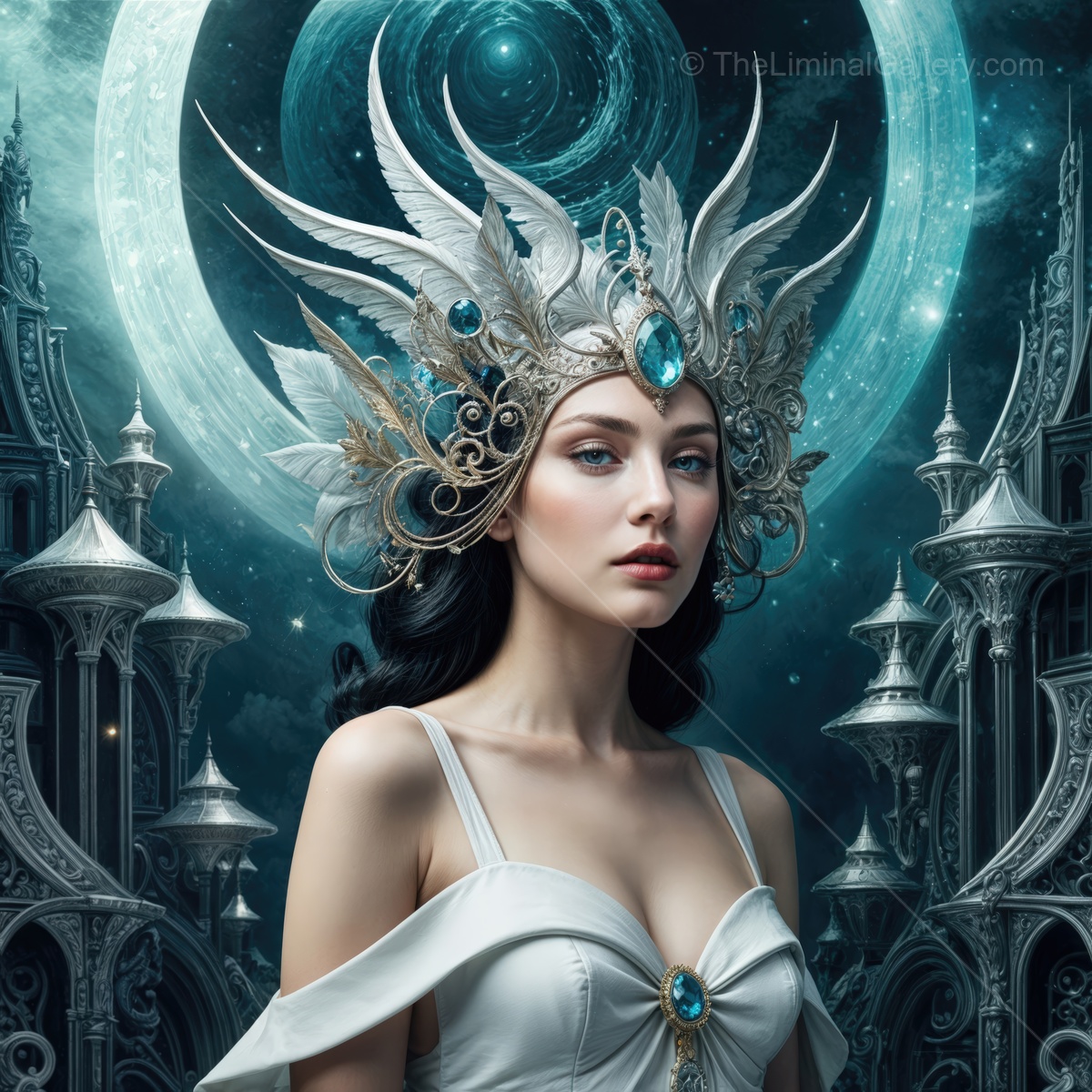 Majestic queen adorned with an ethereal crown in a dreamlike celestial realm