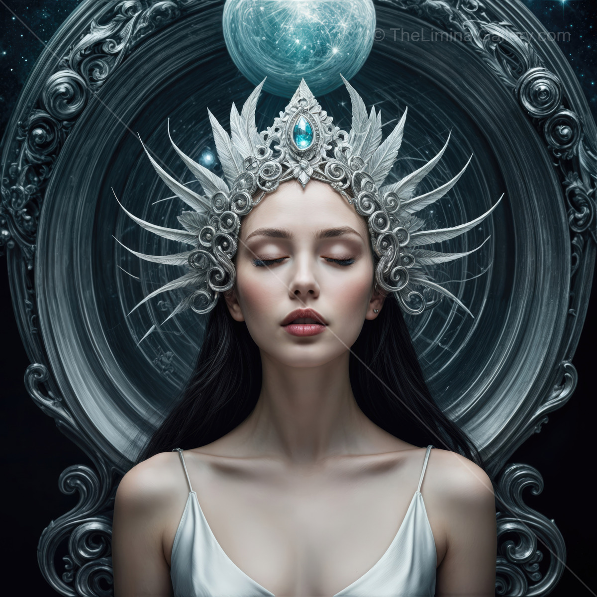 Majestic woman with ethereal crown captures the essence of celestial beauty and tranquility in a dreamlike environment