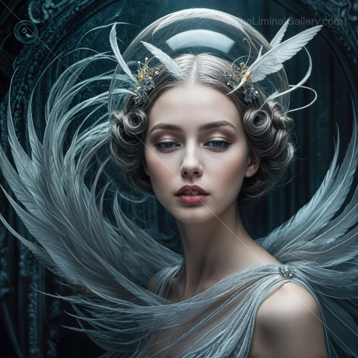 Enchanting elegance with ethereal feathers in a whimsical dreamscape setting