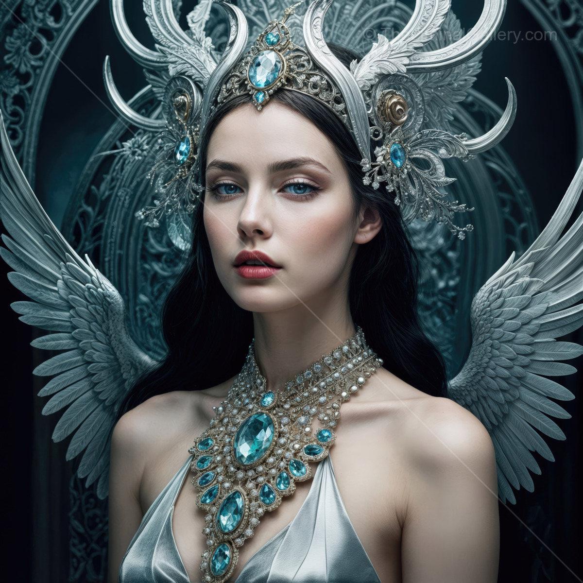Ethereal beauty adorned in exquisite jewels and feathers in a mystical setting