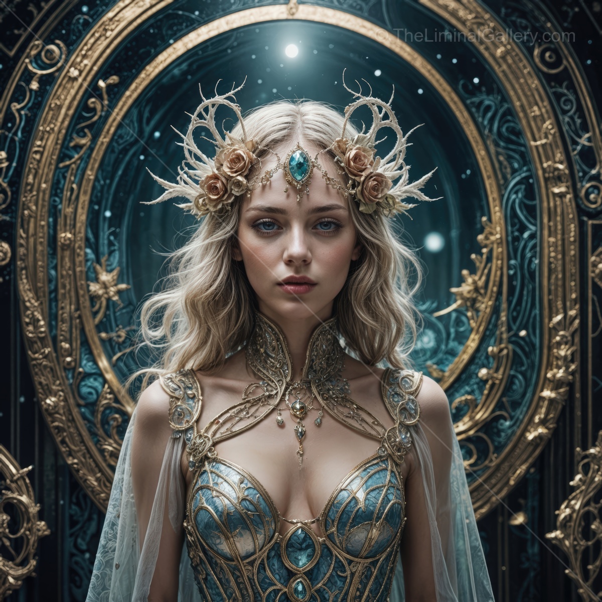 Majestic fairy queen adorned in golden attire and mystical jewels in an enchanted forest