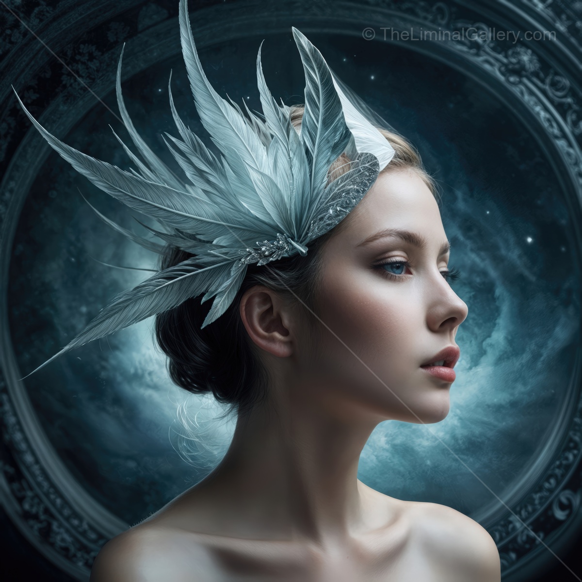 Enchanting portrait of a woman with an ethereal feathered headpiece against a mystical backdrop