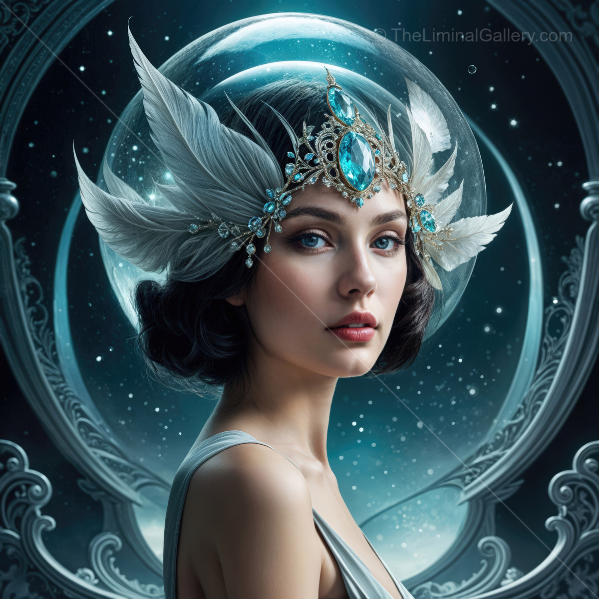 Captivating beauty adorned with feathers and jewels under a celestial glow