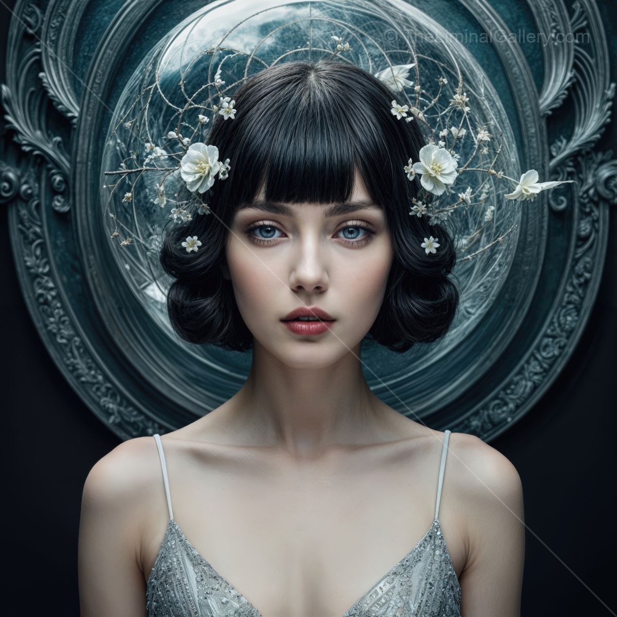 Ethereal beauty adorned with delicate floral accents and an elaborate headpiece in a mystical setting