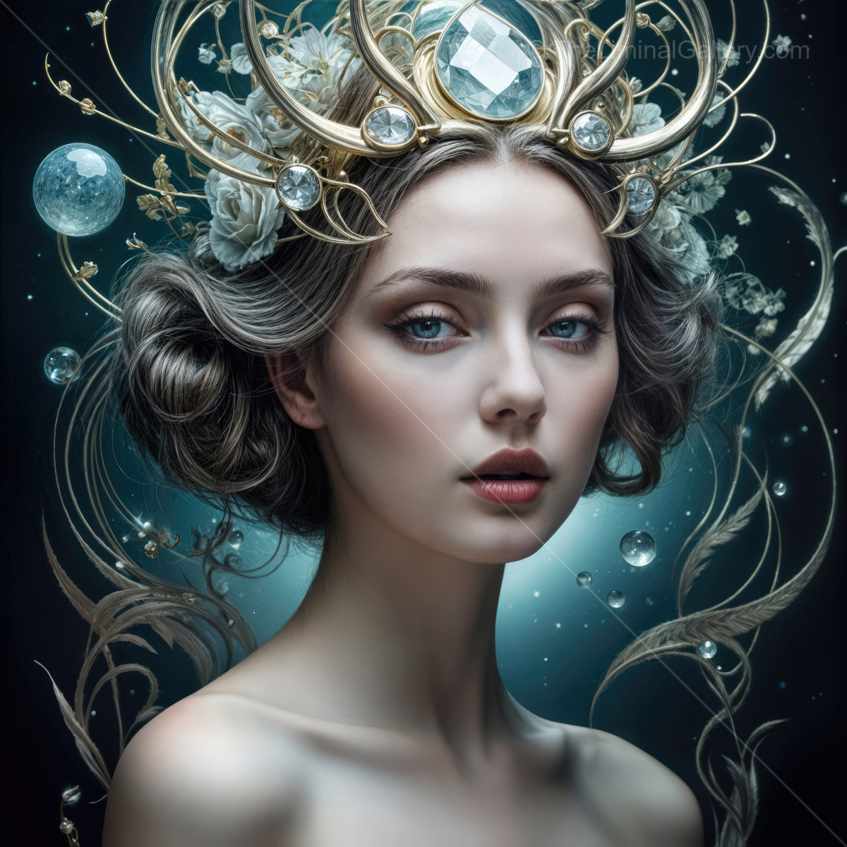 Ethereal beauty with intricate floral crown shimmering against a mystical backdrop