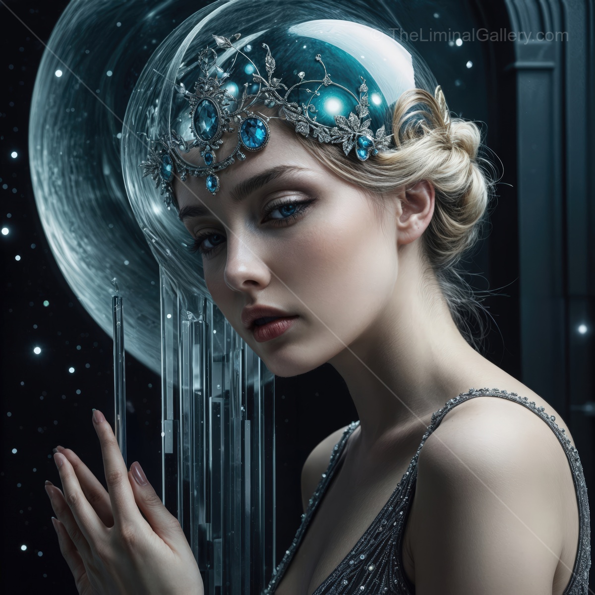 Elegant woman in a futuristic crystal headdress captivates under celestial light