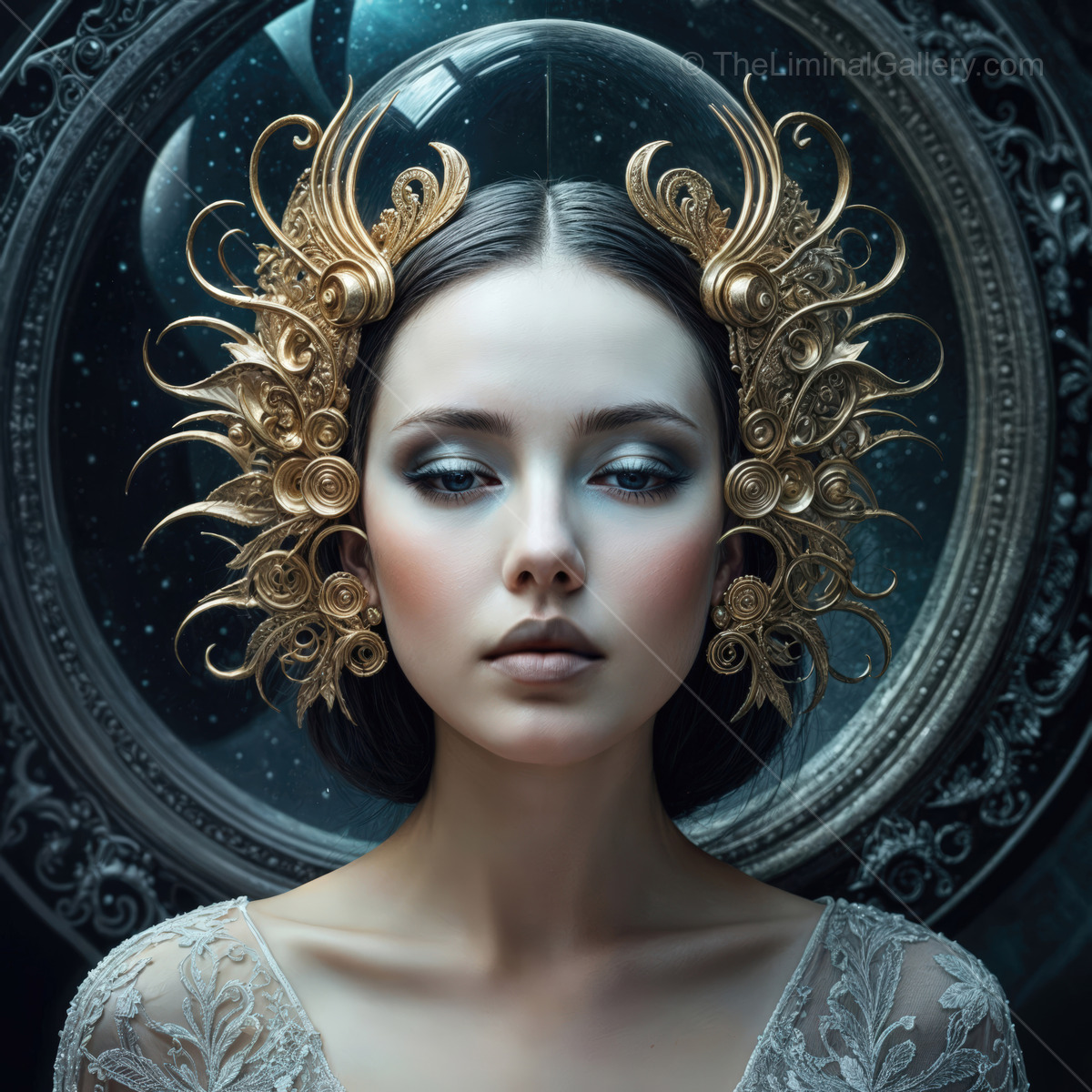 Captivating ethereal beauty adorned with ornate golden accessories under a celestial dome